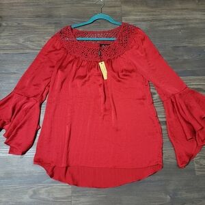 MELISSA PAIGE Lagenlook Boho Red Top Tunic Size M Flowy Bell Sleeve New